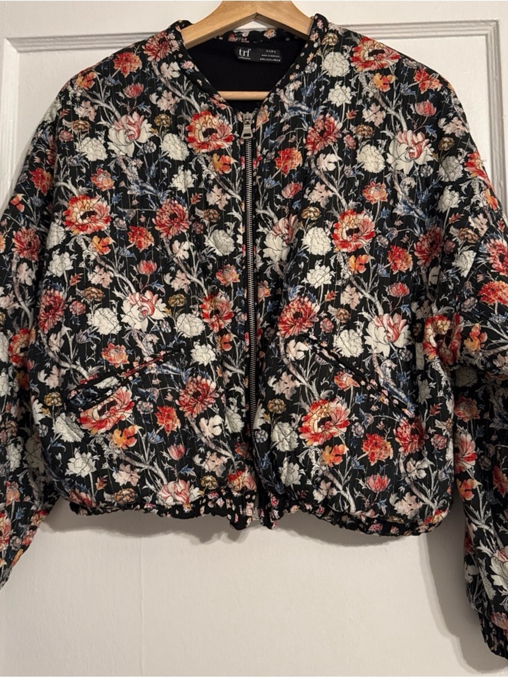 Zara Black Quilted Bomber Jacket with Red, White & Blue Floral Print